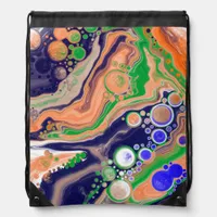Blue, Coral and Green Pour Painting Fluid Art  Drawstring Bag