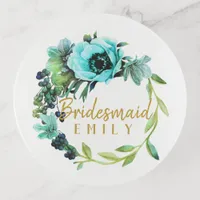 Teal Peony Wreath Bridesmaid Name ID456 Trinket Tray