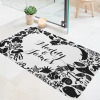 Black & White Sea Creatures Couples Heart Monogram Bath Mat