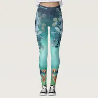 Blue Green Floral  Leggings