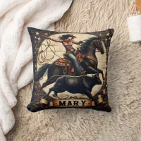 Cowgirl Roping a Steer at Rodeo Event Throw Pillow