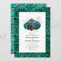 Teal, Black and Gold Floral Gothic Wedding Invitation