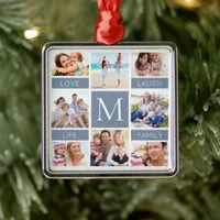 Family Monogram Photo Collage Dusty Blue Metal Ornament