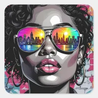Cool Comic Woman in City with Sunglasses Square Sticker