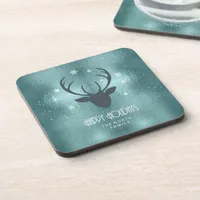 Deer Antlers Silhouette & Snowflakes Teal ID861 Beverage Coaster