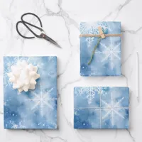 Blue with Snowflakes Watercolor Style Wrapping Paper Sheets