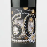 Black Gold Diamond Pearls White Rose 60th Birthday Wine Label