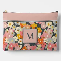 Retro Modern Floral Pink Monogram Initial Accessory Pouch