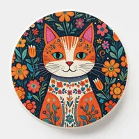 Whimsical Folk Art Cat and Flowers PopSocket