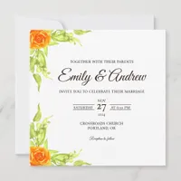 Orange Rose Leaf Floral Watercolor Square Wedding Invitation