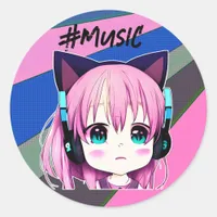 Kawaii Girl with Headphones on Classic Round Sticker