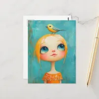 Girl with a bird on her head postcard