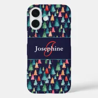Colorful Watercolor Christmas Trees Monogrammed iPhone 16 Case