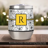 White and Black Floral Pattern: Yellow Monogrammed Thermal Wine Tumbler