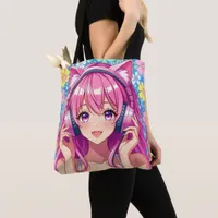 Pretty Pink Anime Girl in Headphones Tote Bag