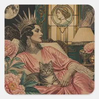 Retro Fairytale Queen and Her Cat in Bed Square Sticker