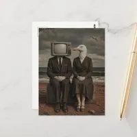 A man with a TV for his head and a seagull lady  Postcard