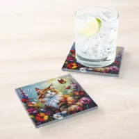 Cute Whimsical  Cat, Flowers and Butterflies Glass Coaster