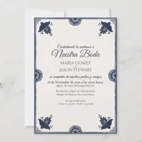 Blue Floral Otomi Simple Fiesta Spanish Wedding Invitation