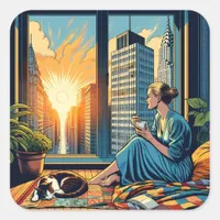 Morning Time in the City | Woman Reflecting Square Sticker