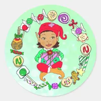 Hand drawn Festive Whimsical Christmas Elf & Candy Classic Round Sticker