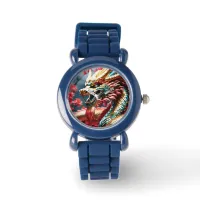 Fire breathing dragon gold blue and red scales watch