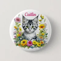 Watercolor Kitten in Yellow Flowers Personalized  Button