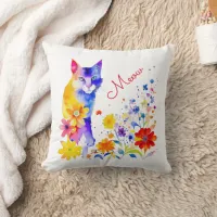 Meow | Watercolor Cat and Flowers  Throw Pillow