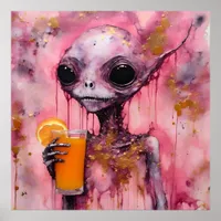 Pink Alien With An Orange Juice Poster