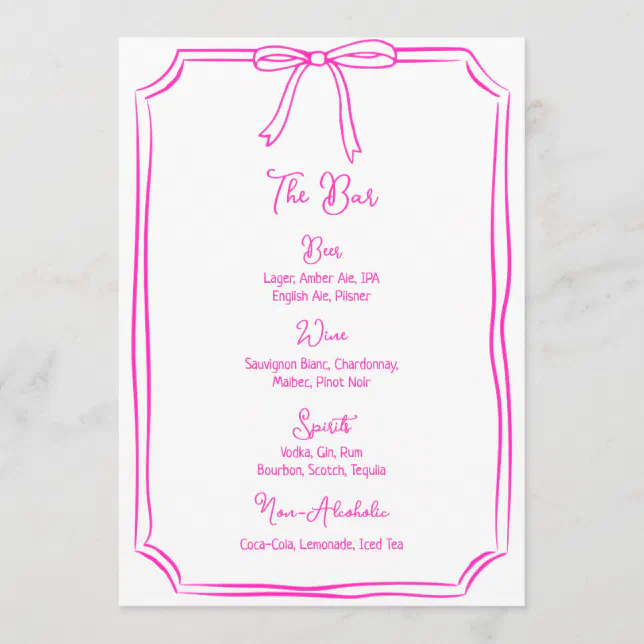 Whimsical Hand Drawn Bow Girly Coquette Pink Menu