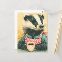 Adorable Badger With a Coffee Red Polka Dot Apron  Postcard
