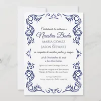 Navy White Vintage Formal Elegant Spanish Wedding Invitation