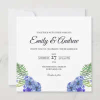 Blue Fern Border Floral Watercolor Square Wedding Invitation