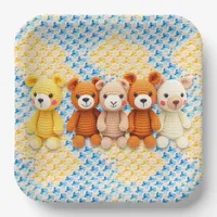 Cute Crocheted Teddy Bears Boy's Baby Shower Paper Plates
