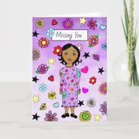 Missing You Whimsical Lady with Flowers Card