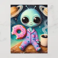 Cute Alien With Coffee and Donut in Space Postcard