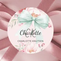 Blush pink sage greeh bow florals monogram classic round sticker