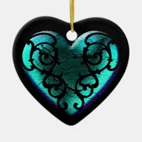 Filigree Goth Ice Blue Heart Ceramic Ornament