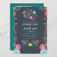 Charcoal Gray & Teal Floral Mexican Fiesta Wedding Invitation