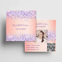 Blush pink purple  photo qr code square business card