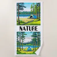 Nature Camping Themed Tent in the Woods Beach Towel