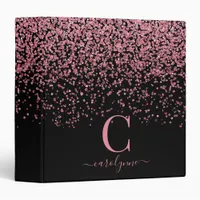 Black Blush Pink Rose Gold Glam Glitter Monogram 3 Ring Binder