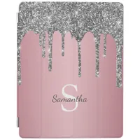 Silver Glitter Drips Rose Gold Pink Monogram Name iPad Smart Cover