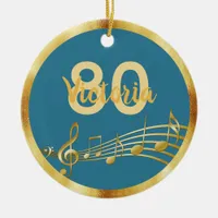 80th birthday teal blue green gold music notes ceramic ornament