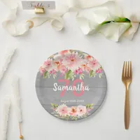 Birthday gray wood blush florals name paper plates