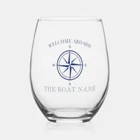 Nautical Compass Rose Boat Name Stemless Wine Glass