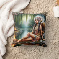 Native American Woman With Eagle By Tranquil River Throw Pillow