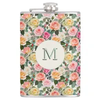 Pretty Floral Roses Botanical Flowers Monogrammed Flask