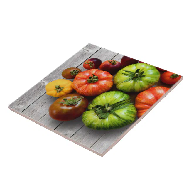 Colorful Striped Tomatoes on Weathered Table Ceramic Tile