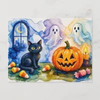 Cute Black Cat Halloween Ghosts Postcard